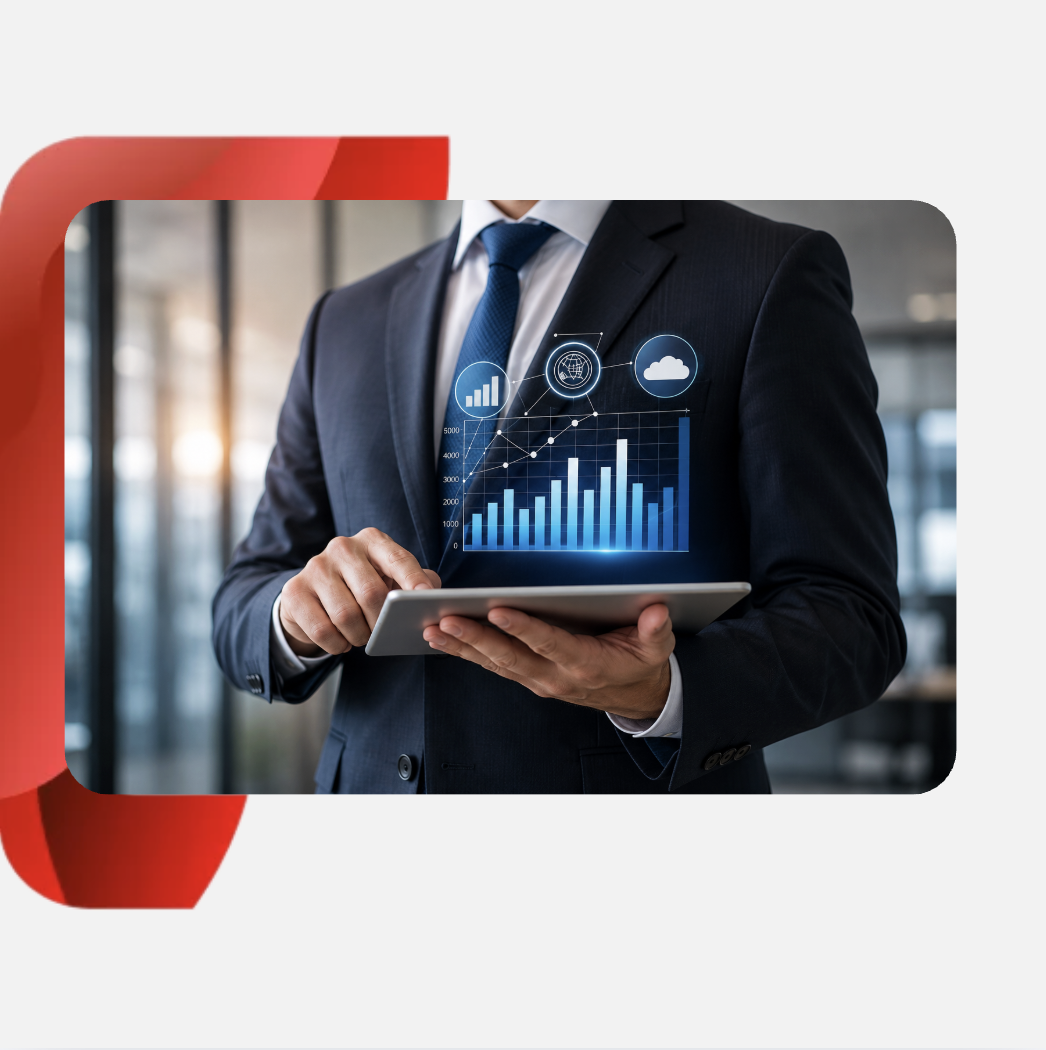 A corporate executive reviewing growth metrics on a tablet