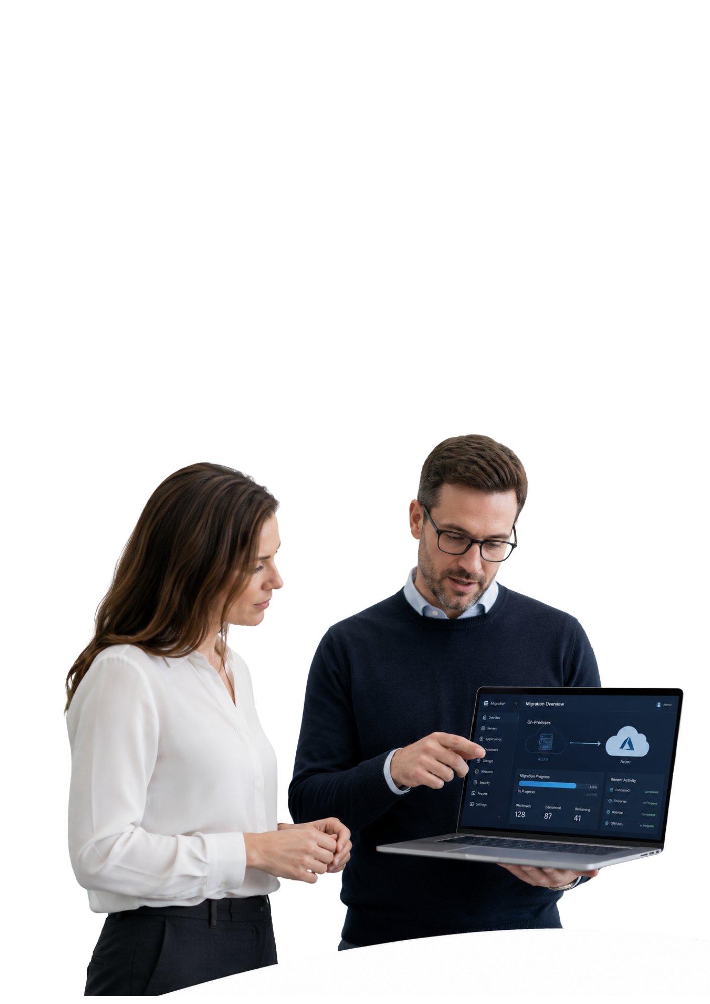 Business professionals looking at a laptop displaying cloud elements