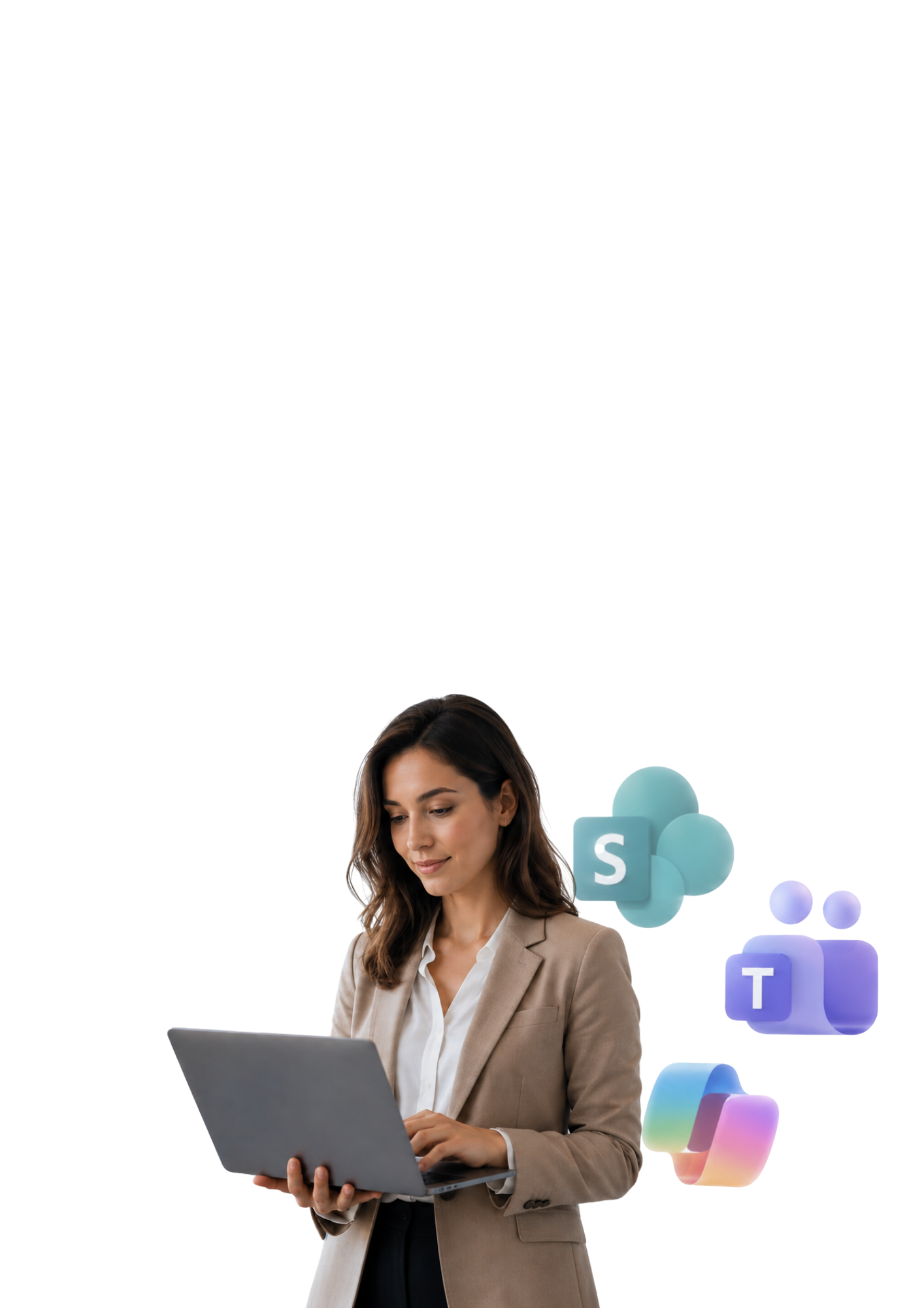 A businesswoman using a laptop, with icons of Sharepoint, Microsoft Teams and CoPilot floating behind her