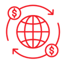 Globe surrounded by circular arrows with dollar signs