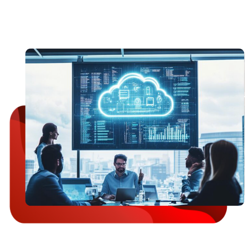 Team in a corporate meeting reviewing data and software architecture to plan a transition to the cloud