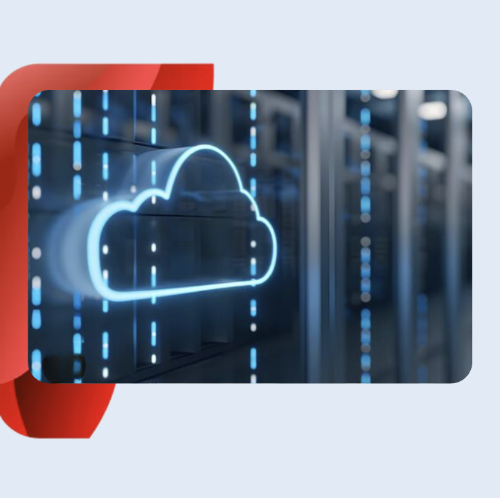Cloud icon set against a background of server hardware.