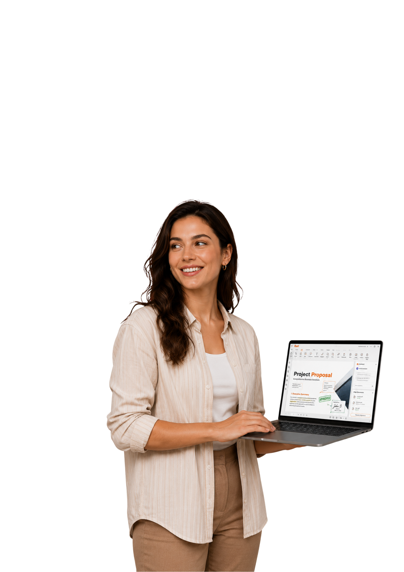 professional woman holding a laptop showing a corporate document interface with text editing and signing features