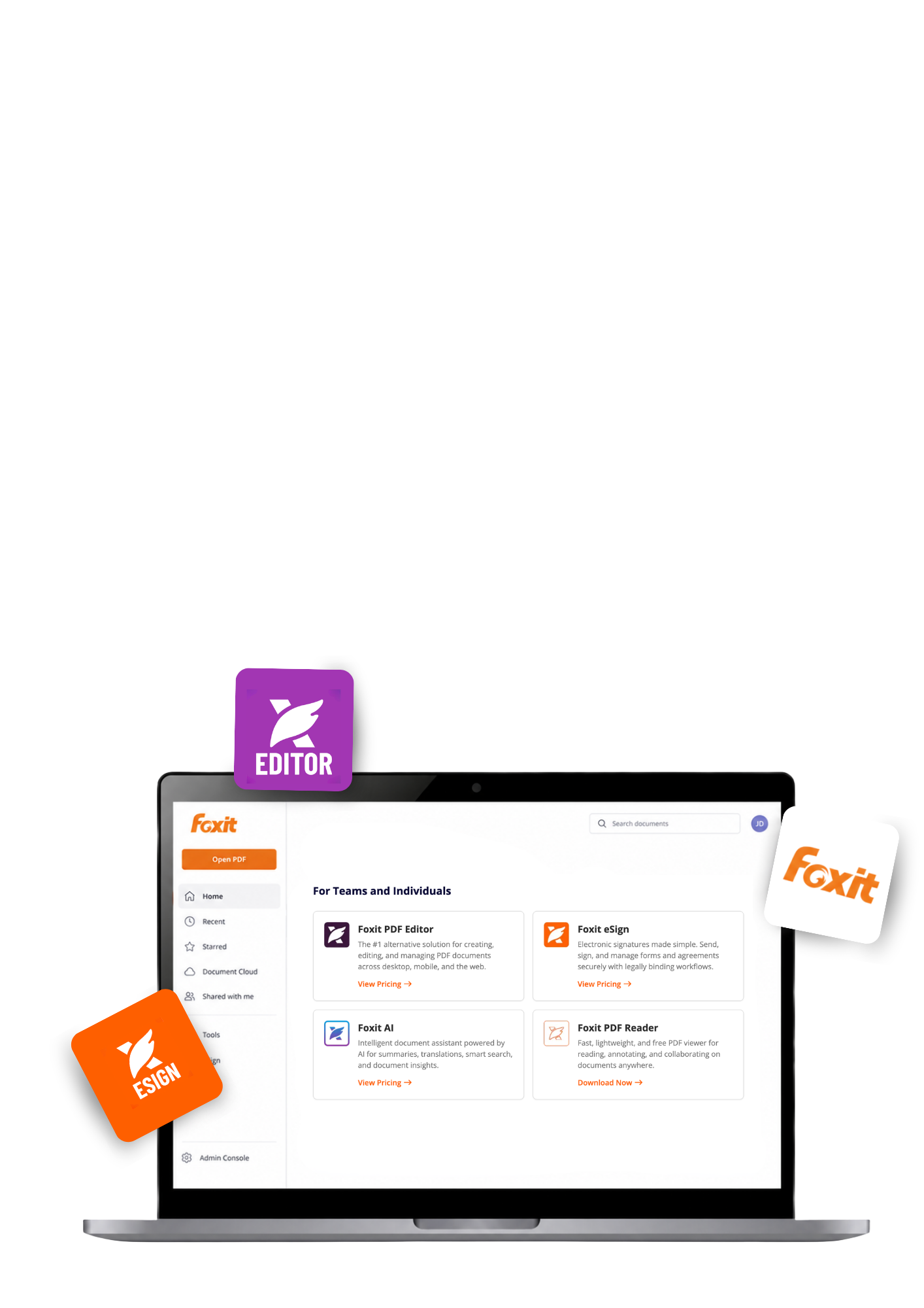 A laptop displaying the Foxit software suite dashboard, surrounded by floating application icons for Foxit PDF Editor, eSign, and Reader.