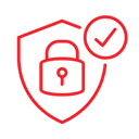 Cybersecurity icon showing a padlock inside a shield with a checkmark badge