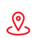 Red line icon of a location map pin above a circular base.