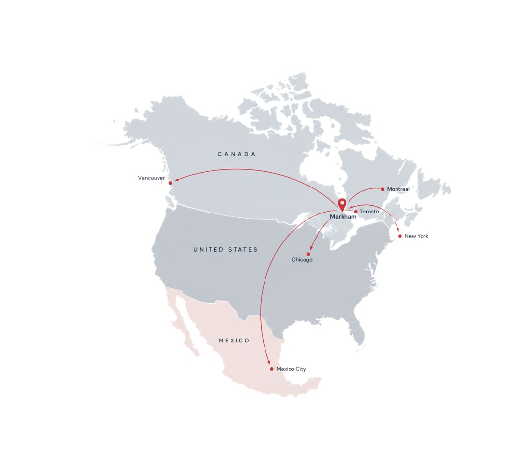 A North American map showing network lines connecting Markham to cities including Vancouver, Toronto, Montreal, New York