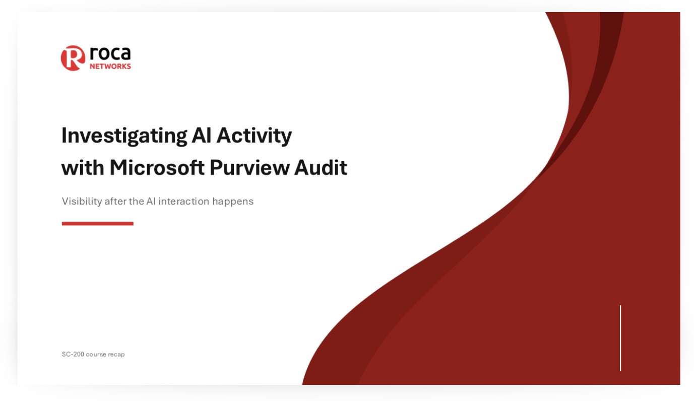 Presentation slide featuring the Roca Networks logo and the title "Investigating AI Activity with Microsoft Purview Audit: Visibility after the AI interaction happens."