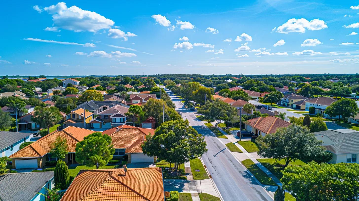 a panoramic view of a tampa, florida neighborhood with diverse roofs under a bright blue sky, showcasing various roofing styles and textures that highlight the importance of reliable roofing contractors.