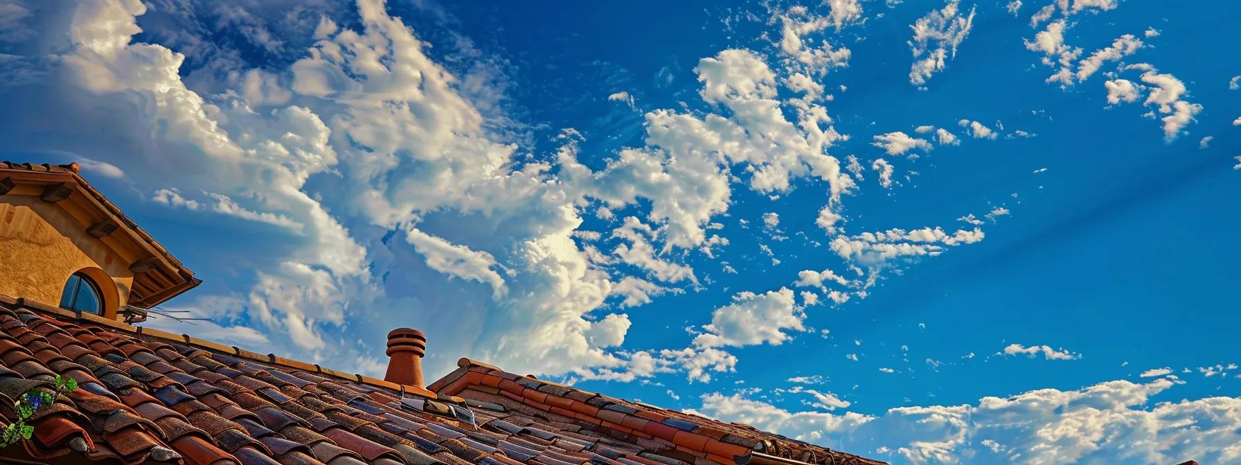 a vibrant blue sky looms over a meticulously maintained tile roof, glistening under the sunlight after a recent rain, hinting at the vigilance needed for leak detection and prevention.