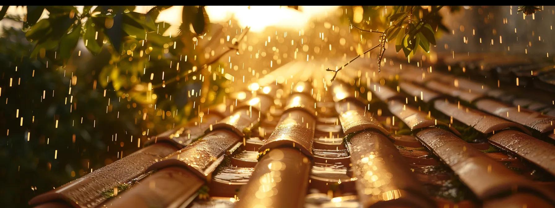 a sun-drenched, terracotta tile roof glistens after a refreshing rain, highlighting the importance of timely inspections for leaks.