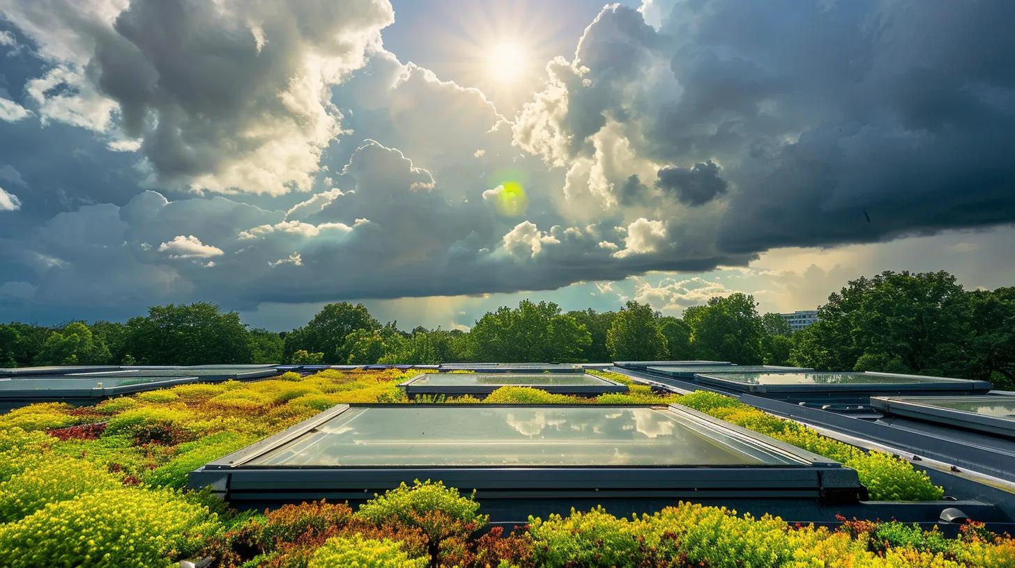 a sunlit commercial roof brimming with vibrant greenery, showcases expertly sealed skylights, as dark storm clouds gather ominously in the distance.