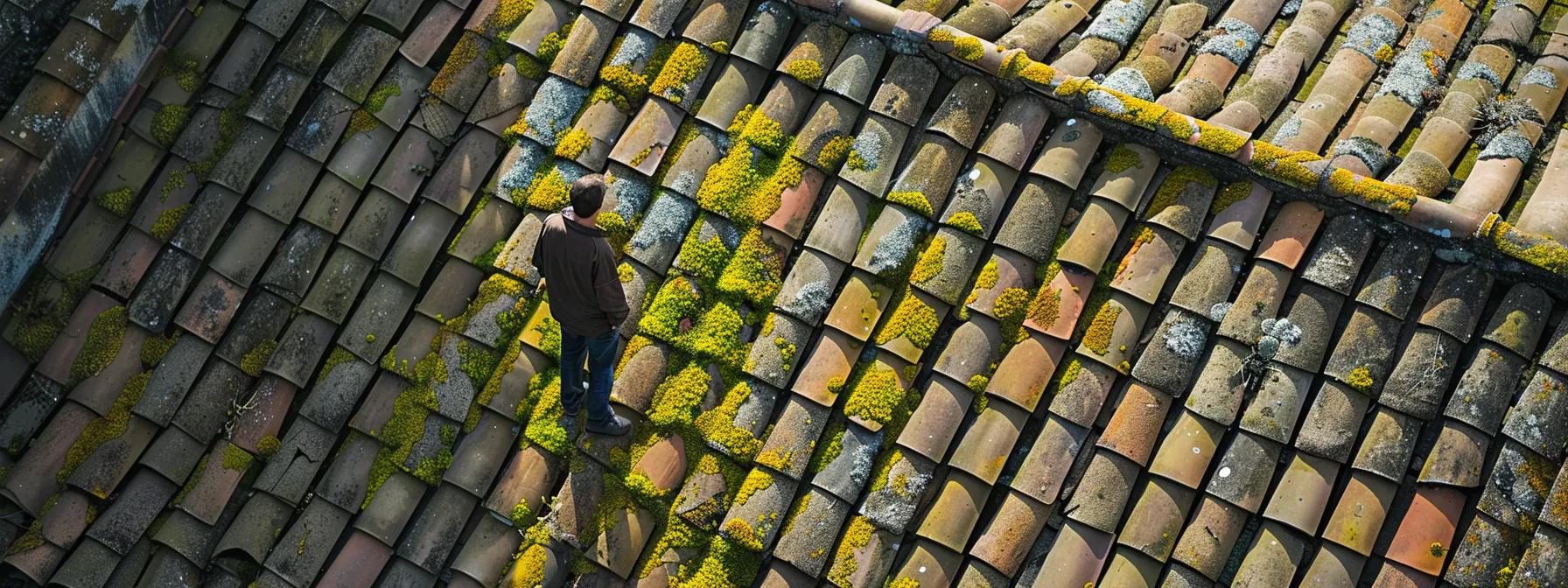 a solitary inspector stands atop a weathered tile roof, keenly examining the sunlit surface for hidden leaks amidst patches of vibrant moss and shifting shadows.