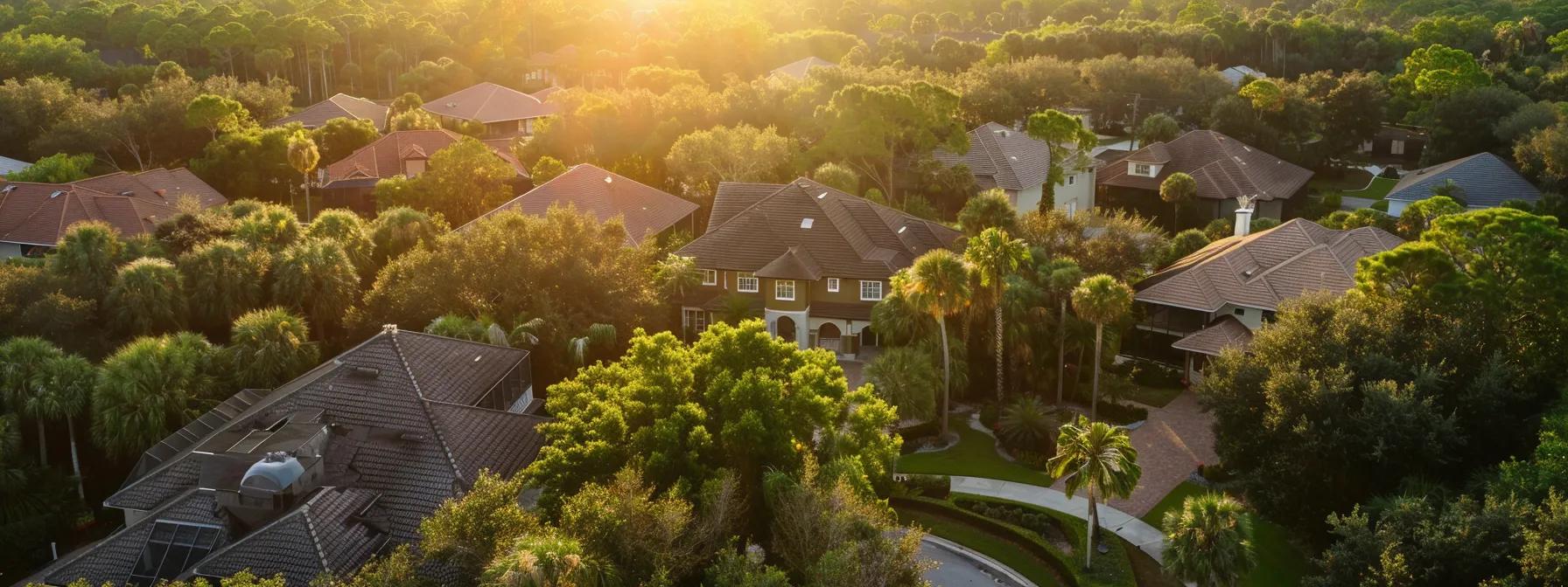 a sunlit tampa neighborhood with houses featuring freshly inspected roofs, surrounded by lush greenery, conveying a strong sense of community and resilience in maintaining home safety.