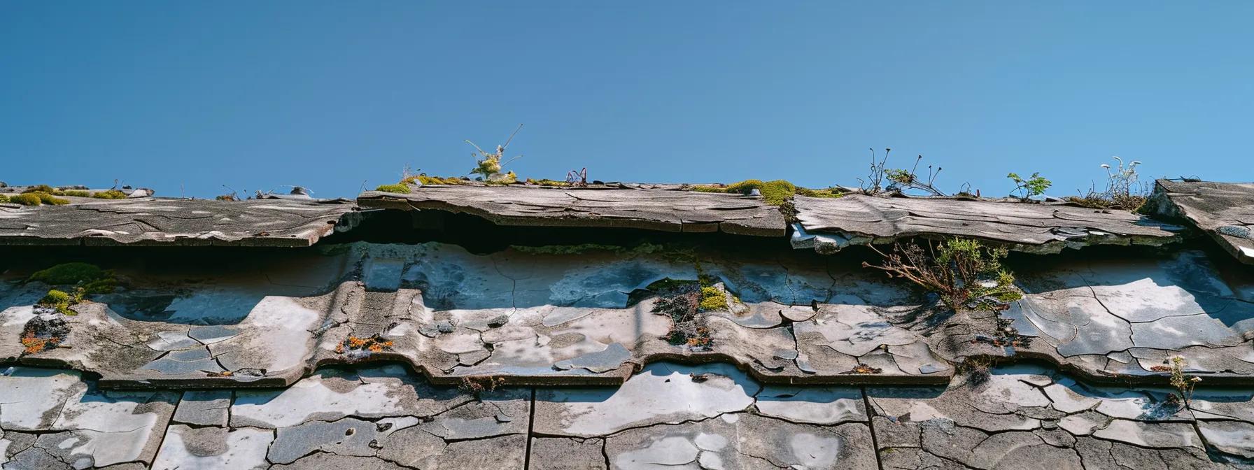 a close-up of a weathered tile roof, featuring cracked and missing tiles, with patches of moss peeking through, set against a clear blue tampa sky.