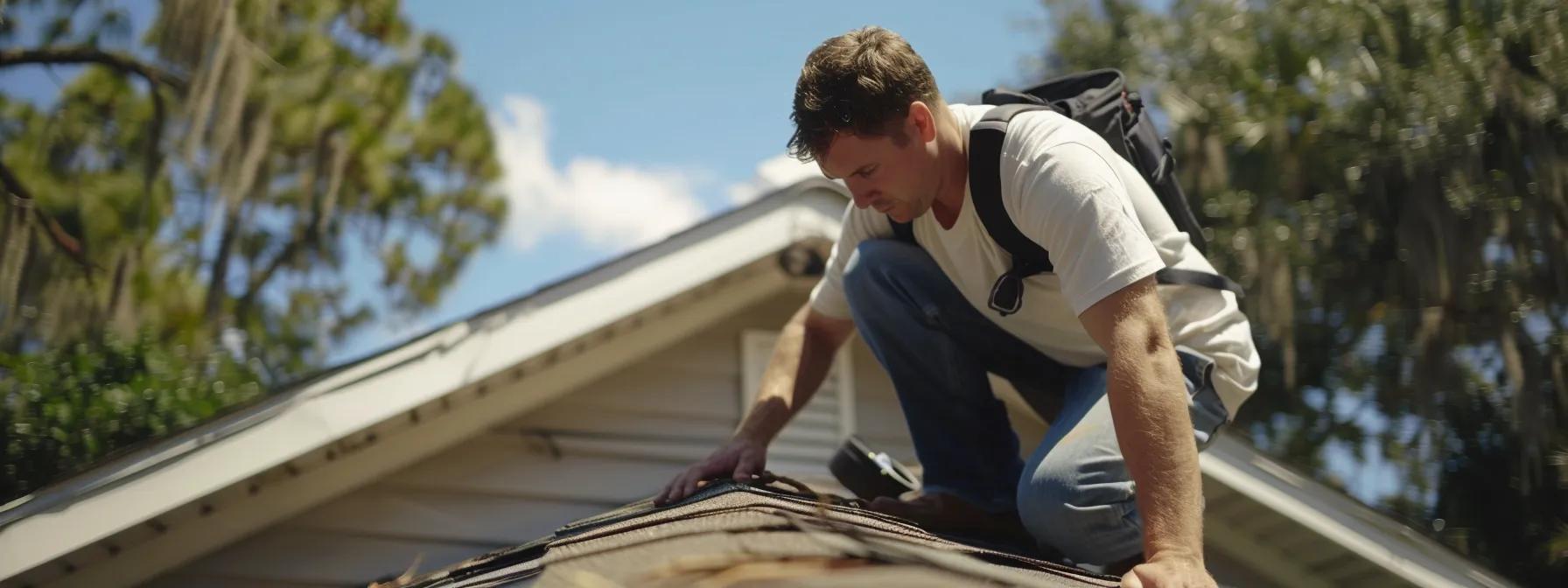 a professional roofer carefully inspecting a damaged roof in tampa, revealing signs of storm damage and explaining the repair process.