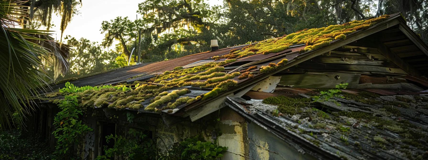 a roof in tampa, weathered and deteriorated under the harsh florida climate, highlighting the need for durable, weather-resistant roofing materials.