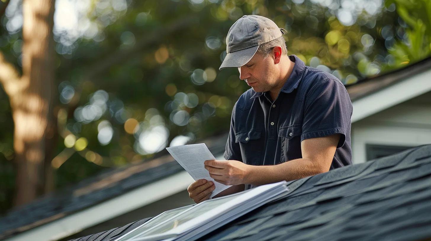 a homeowner in tampa carefully examining a roofer's license and certification documents with a stack of customer reviews beside them.