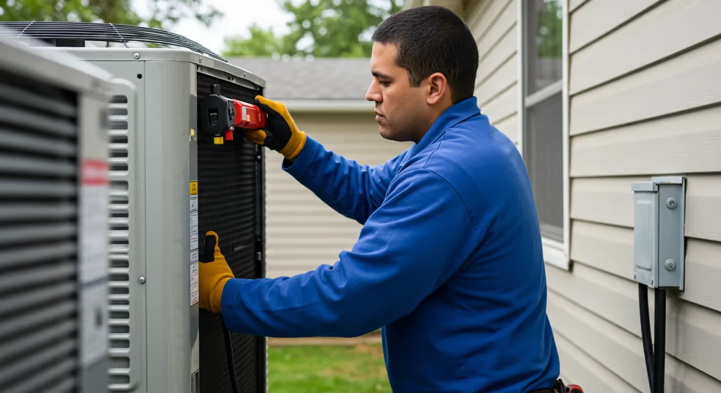 A man in a blue shirt and gloves repairs an air conditioner.