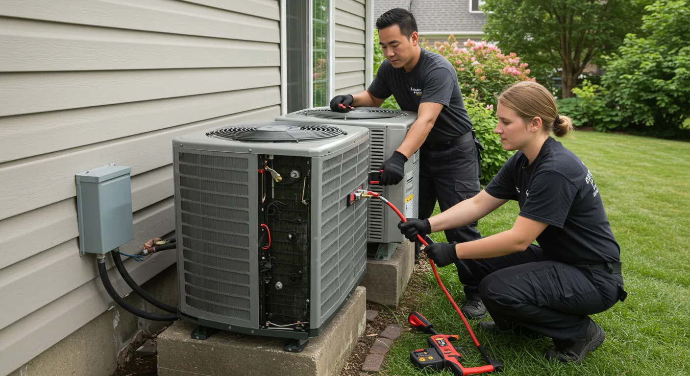 Two technicians installing outdoor AC units beside house on concrete slabs