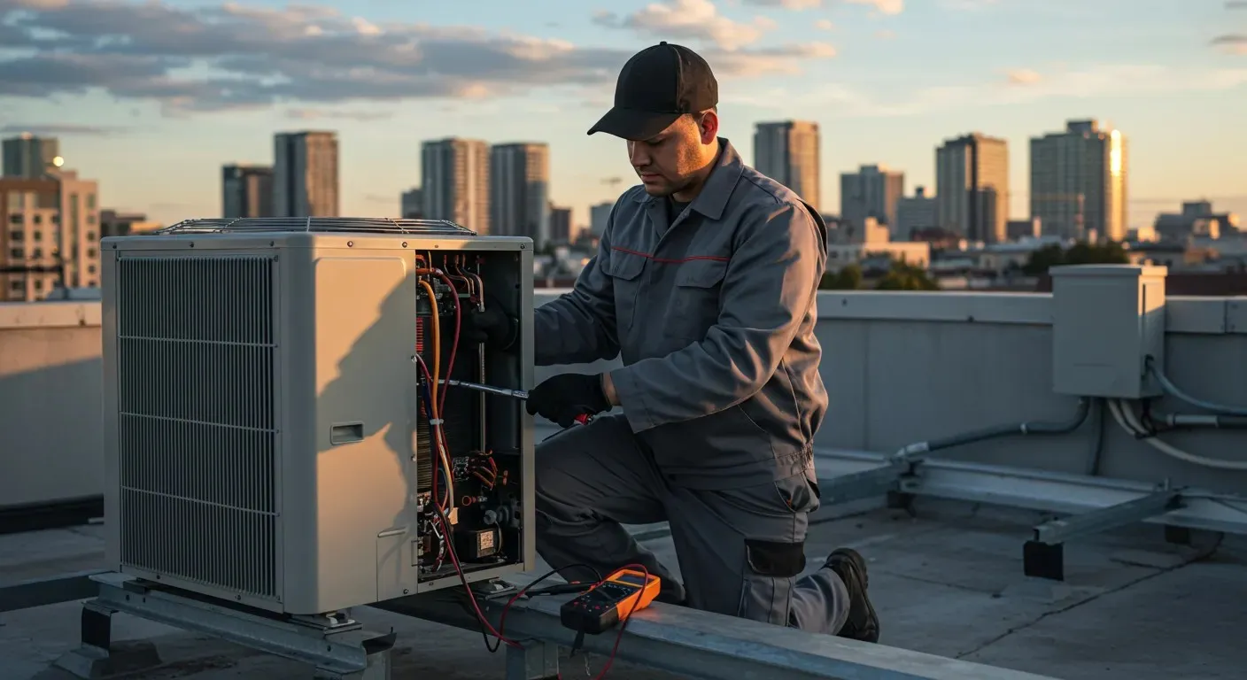 Technician kneeling on rooftop repairing open HVAC unit with urban skyline in background