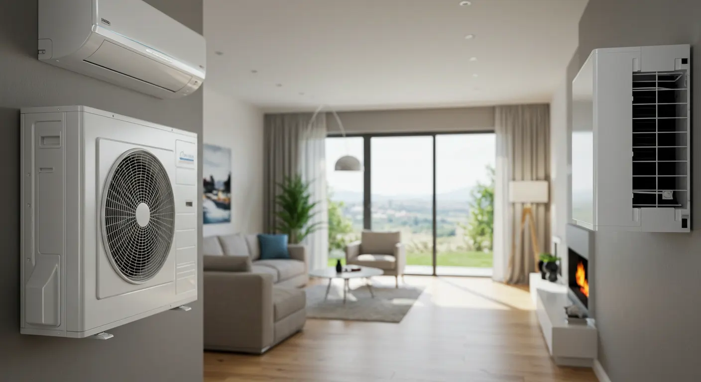 A multi-zone image showcasing ductless mini-split HVAC systems within a modern home setting. On the left side, two outdoor condenser units are vertically stacked against a gray wall.