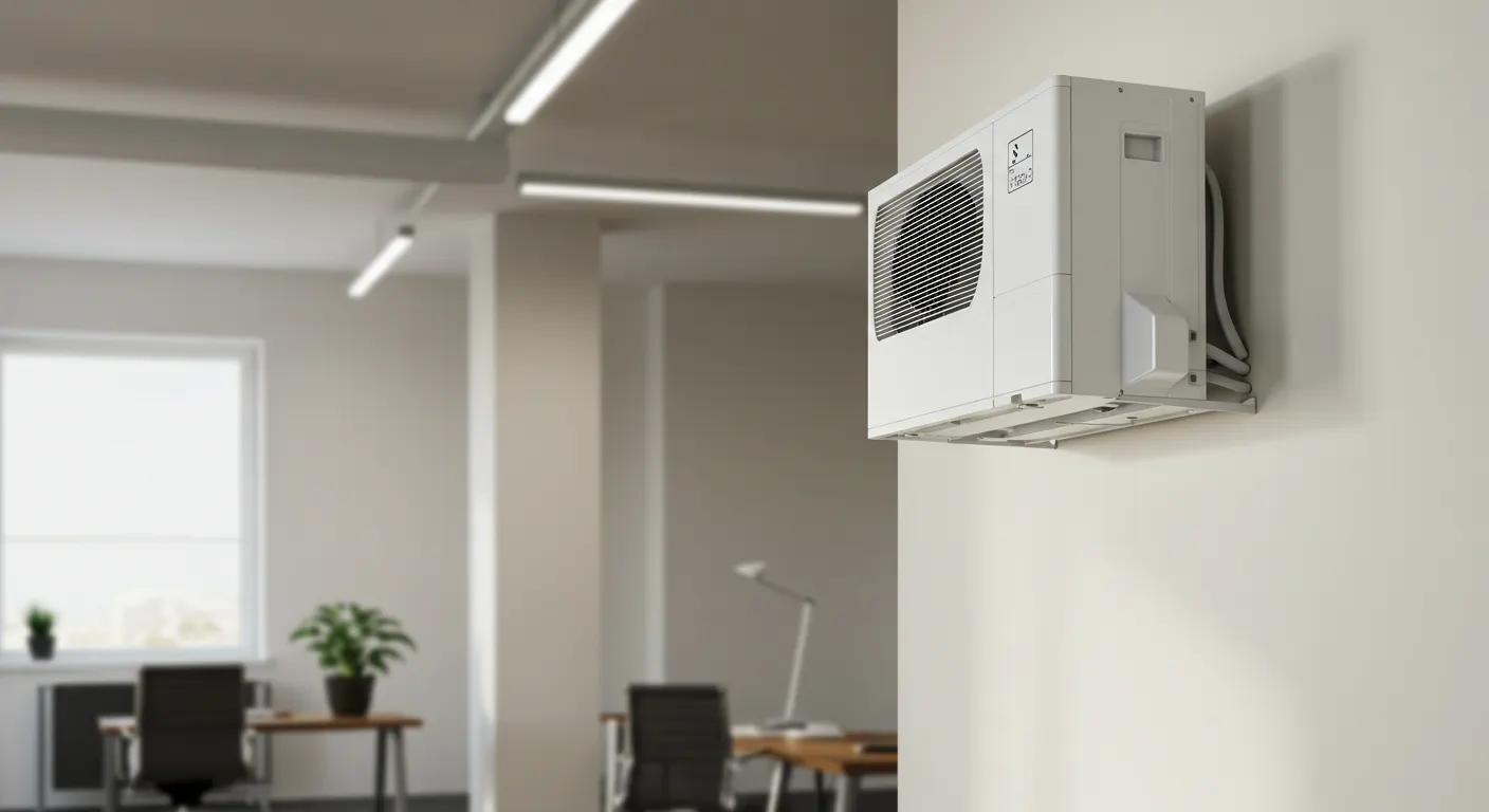 A white, rectangular ductless air conditioning unit is mounted on a light beige wall in the foreground, with its side visible showing vents and connecting pipes. In the blurred background, an open-plan office space is visible with desks, chairs, and large windows. Fluorescent lights illuminate the ceiling. The image focuses on the compact design of the AC unit within a commercial or office environment.