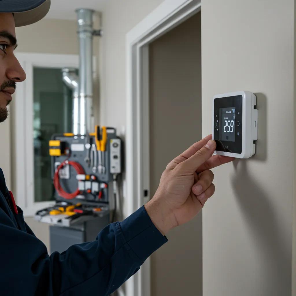 HVAC technician maintaining a smart thermostat, illustrating the importance of regular maintenance for energy efficiency