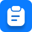Blue square icon with rounded corners featuring a white clipboard with three horizontal lines representing text.