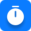 White clock icon showing 12 o'clock on a blue circular background.