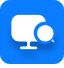 White icon of a desktop monitor and magnifying glass inside a blue speech bubble.