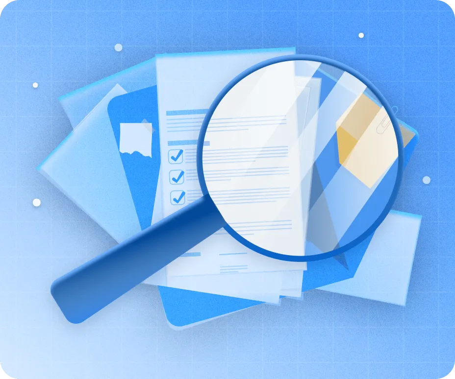 Illustration of a magnifying glass enlarging a checklist and documents on a blue background.