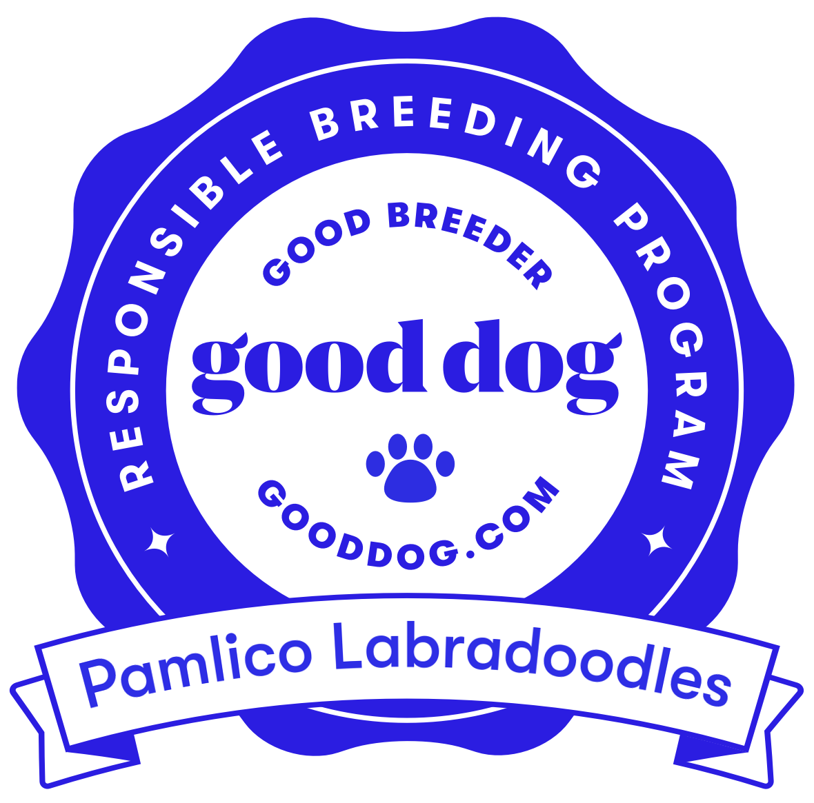 Good dog badge for Responsible Breeding Program, with Pamlico Labradoodles banner and paw print.