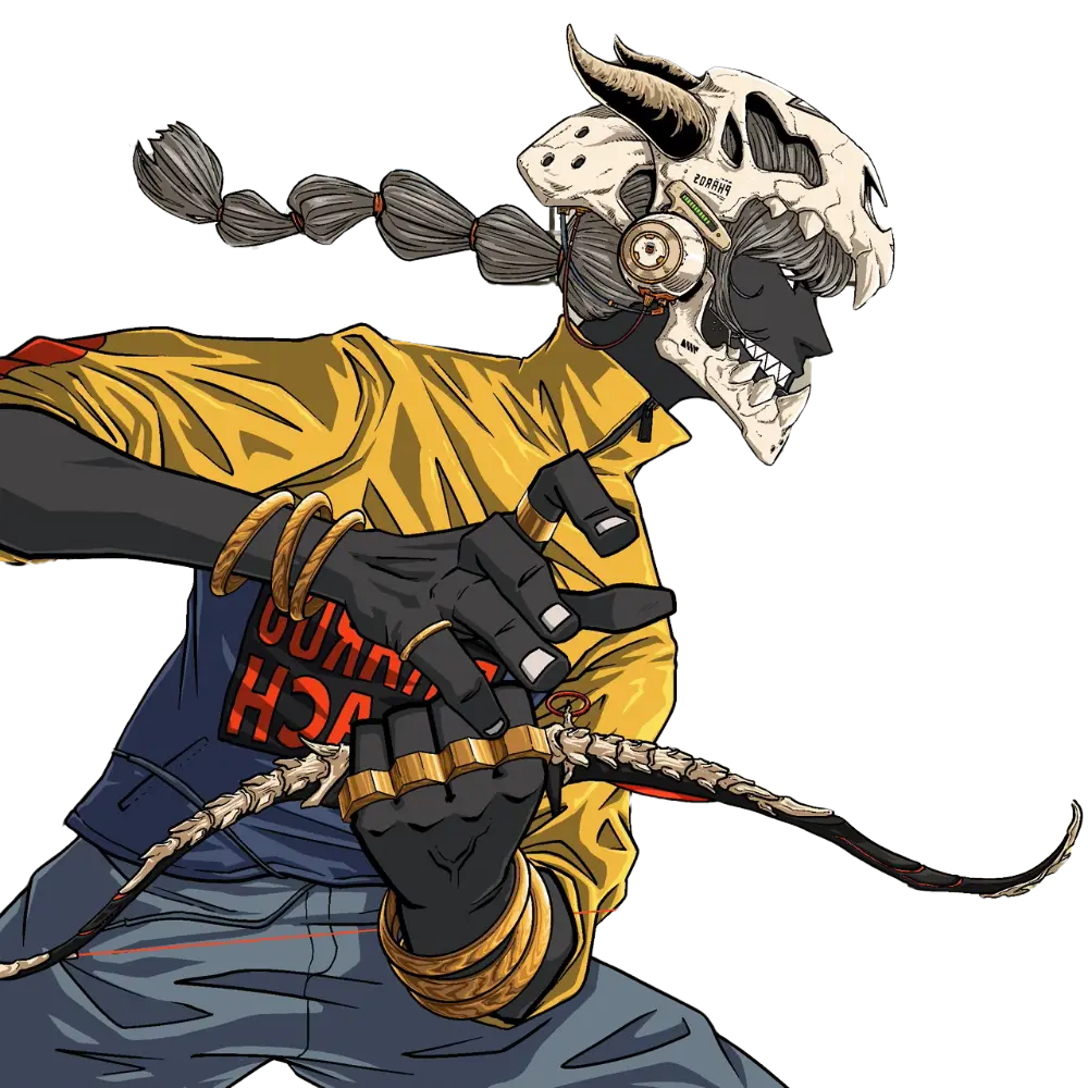 Avatar with skull helmet and bow.
