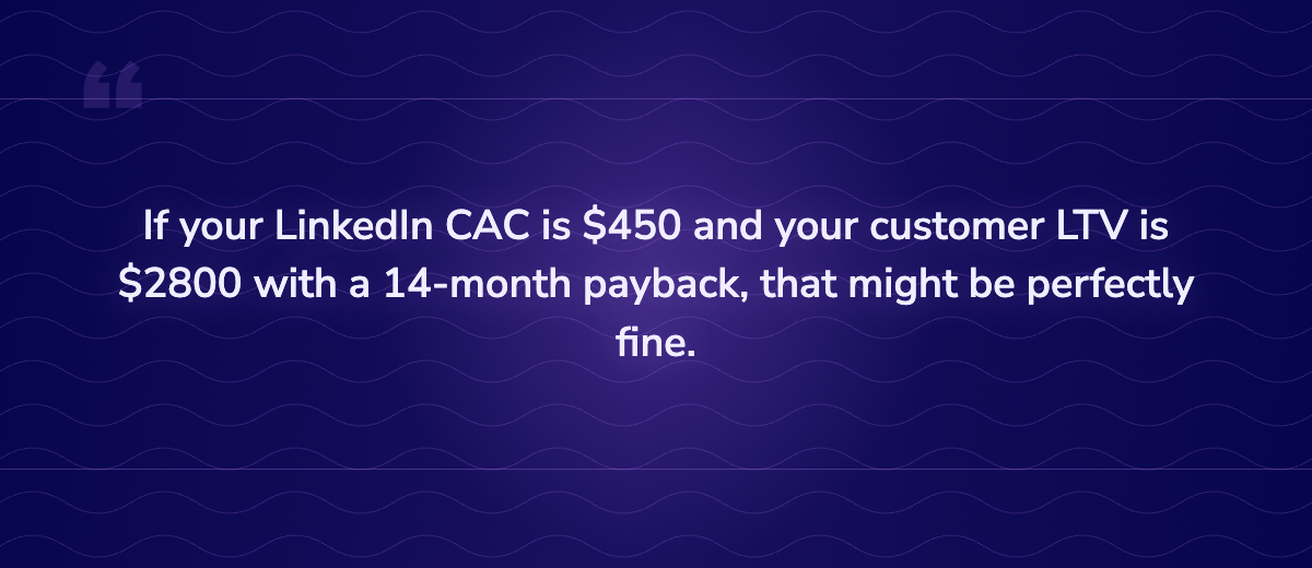 Key insight: If your LinkedIn CAC is $450 and your customer LTV is $2800 with a 14-month payb