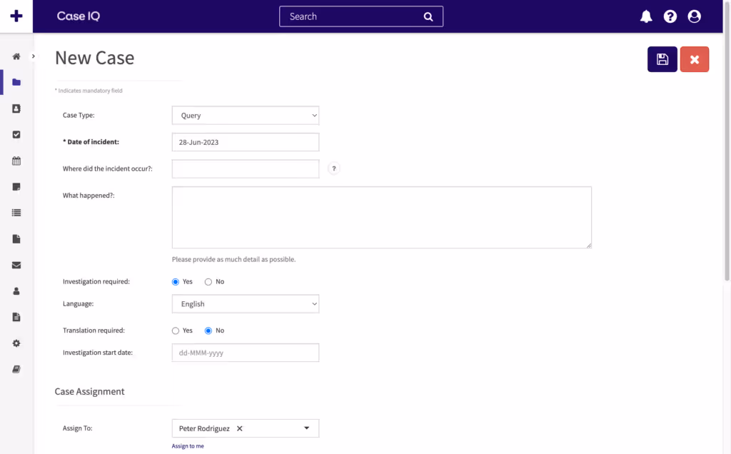screenshot application new case form