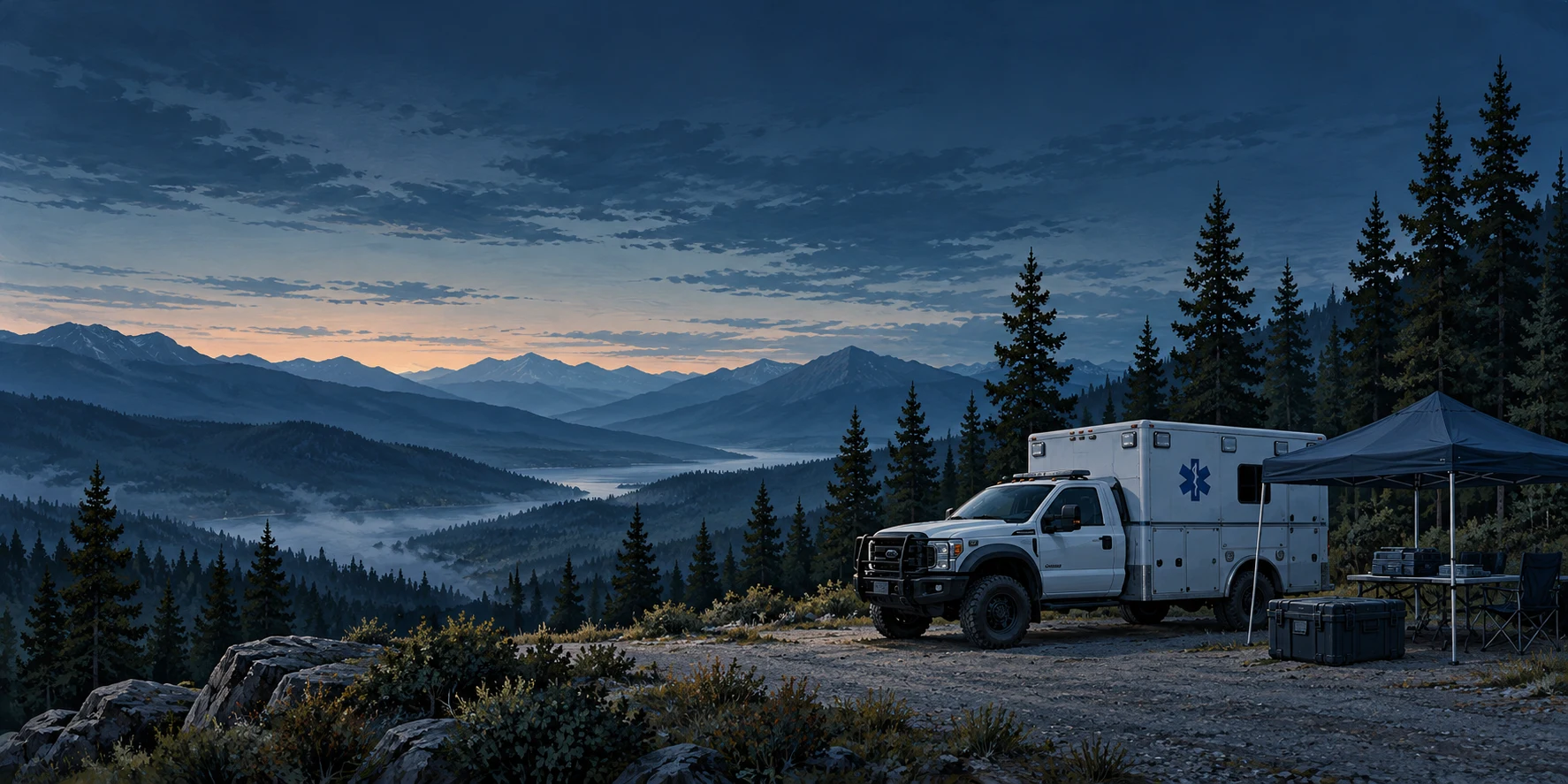 Illustration of an anonymous wildland EMS medical response unit and support canopy at a forest staging area; not a client photograph.