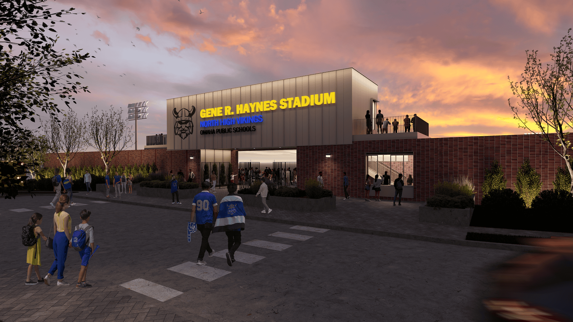 Rendering of the entrance, ticket station and press box of the new North High stadium.