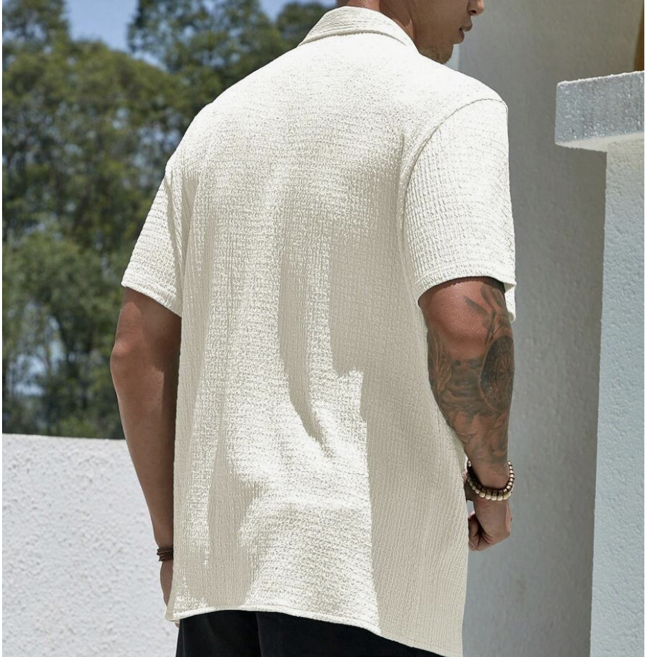 White Loose Fit Men's Solid Color Button-Up Shirt