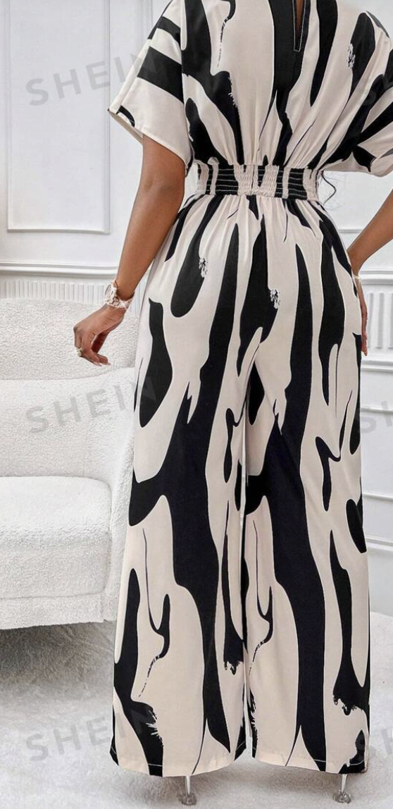 Shein apricot print sleeve belted jumpsuit
