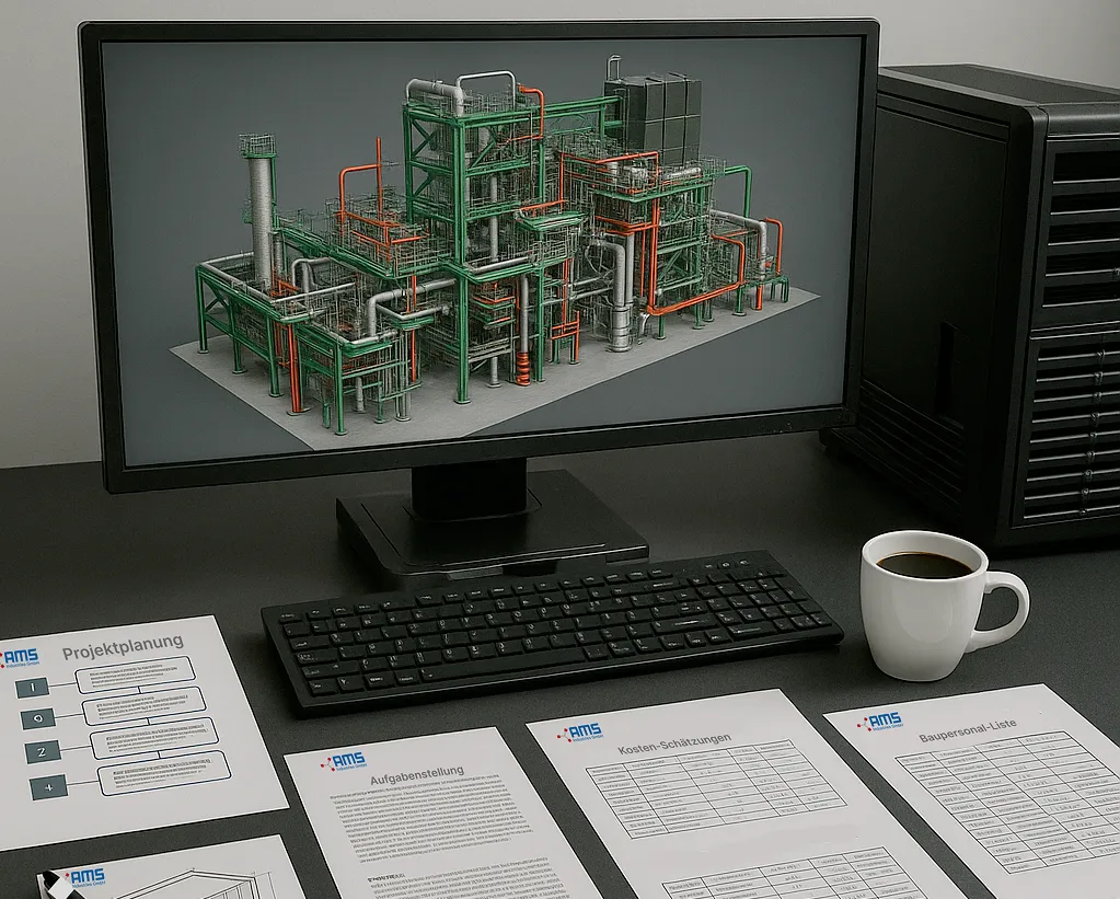 Schreibtisch mit Monitor, der ein 3D‑Industrieanlagenmodell zeigt; davor technische AMS‑Dokumente und eine Kaffeetasse.