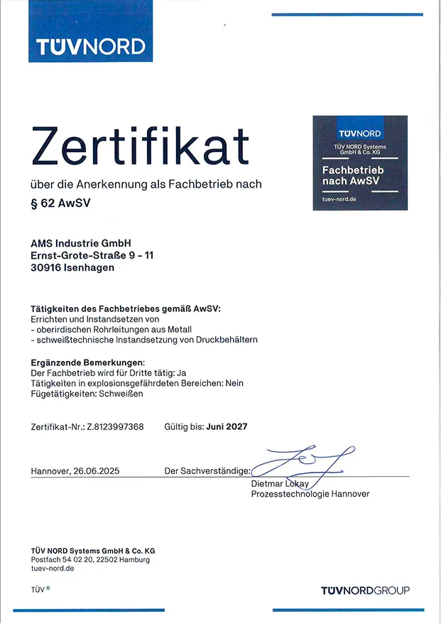 TÜV‑NORD‑Zertifikat nach §62 AwSV für AMS Industrie GmbH, gültig bis Juni 2027.