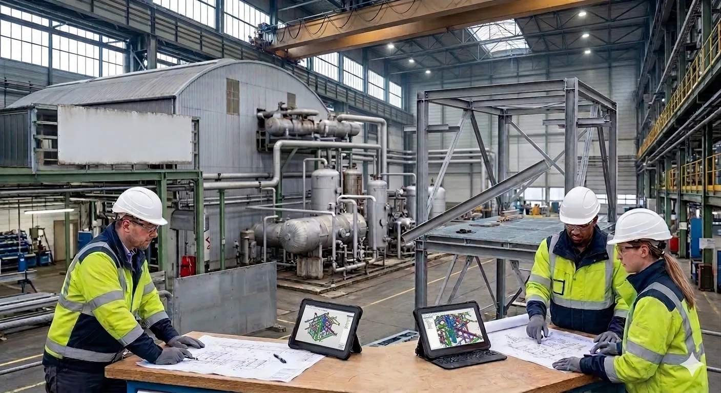 Projektabwicklung bei AMS Industries: Ingenieure prüfen Konstruktionspläne und 3D-Modelle auf Tablets, während im Hintergrund ein eingespieltes Team eine Stahlbaustruktur mithilfe eines Krans auf einem Werksgelände in Hannover montiert.