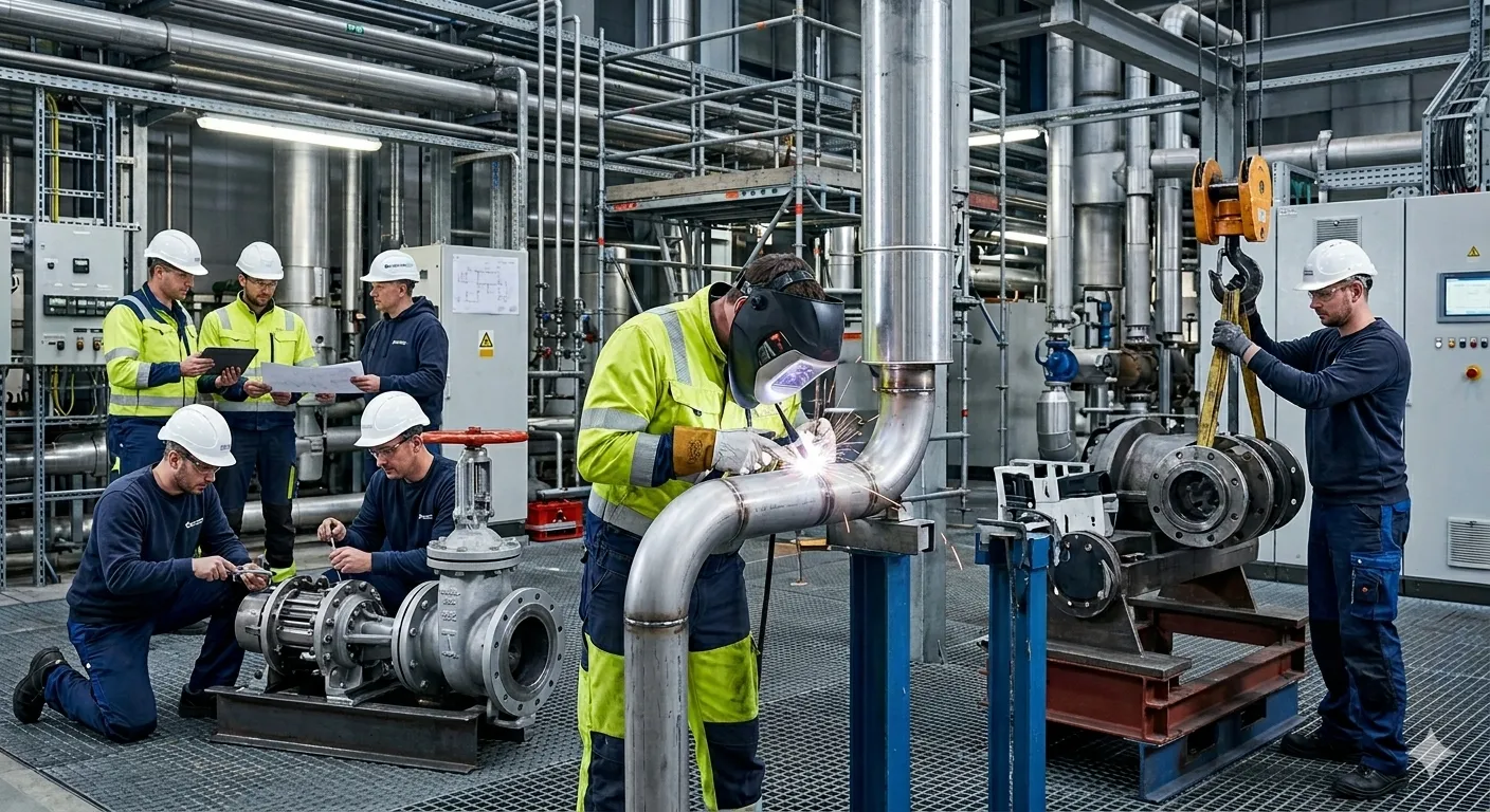 Industrieller Rohrleitungsbau und Stillstandsmanagement: Schweißer und Mechaniker bei der Wartung von Industrieanlagen