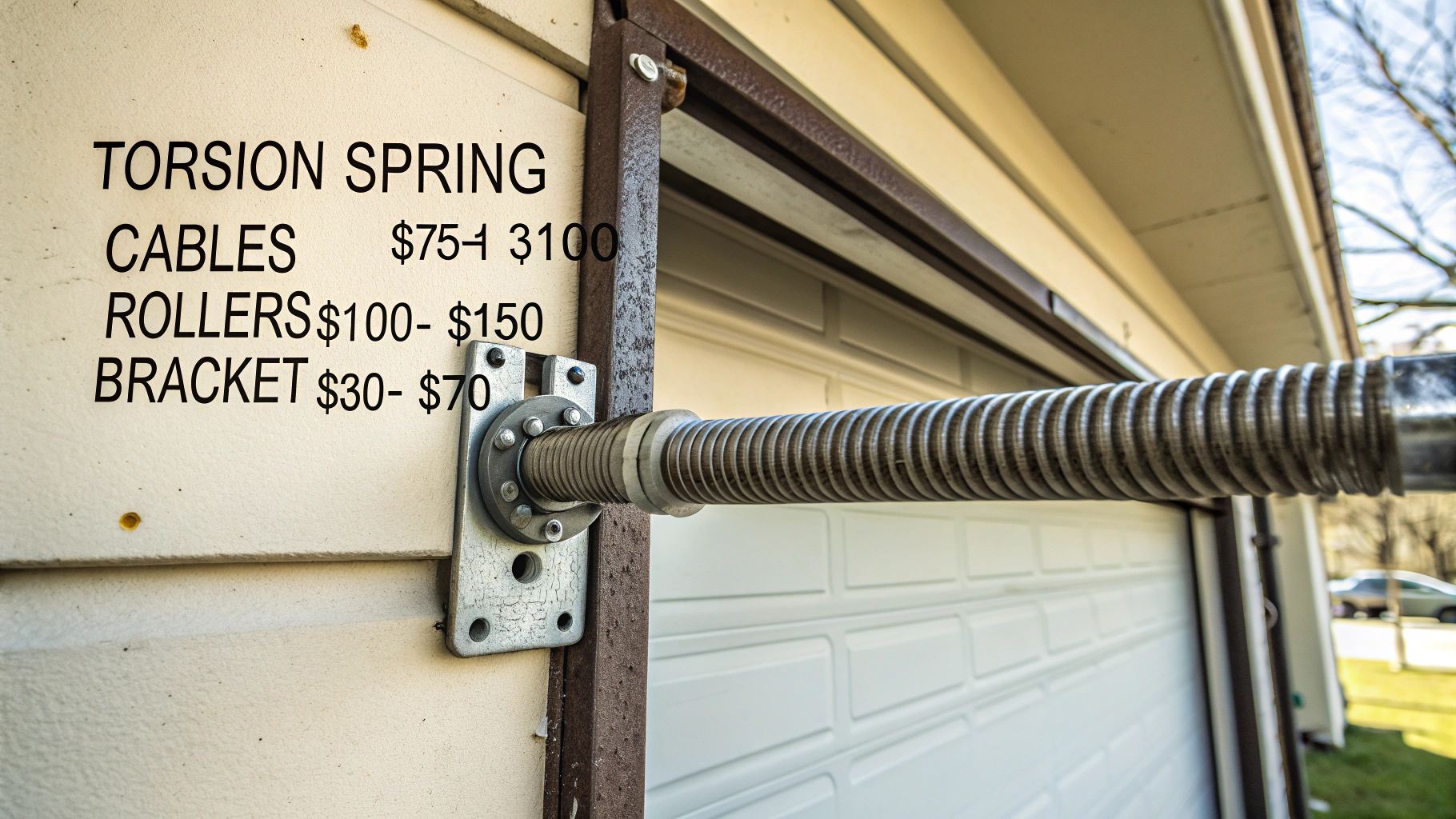 Close-up view of a garage door spring mechanism
