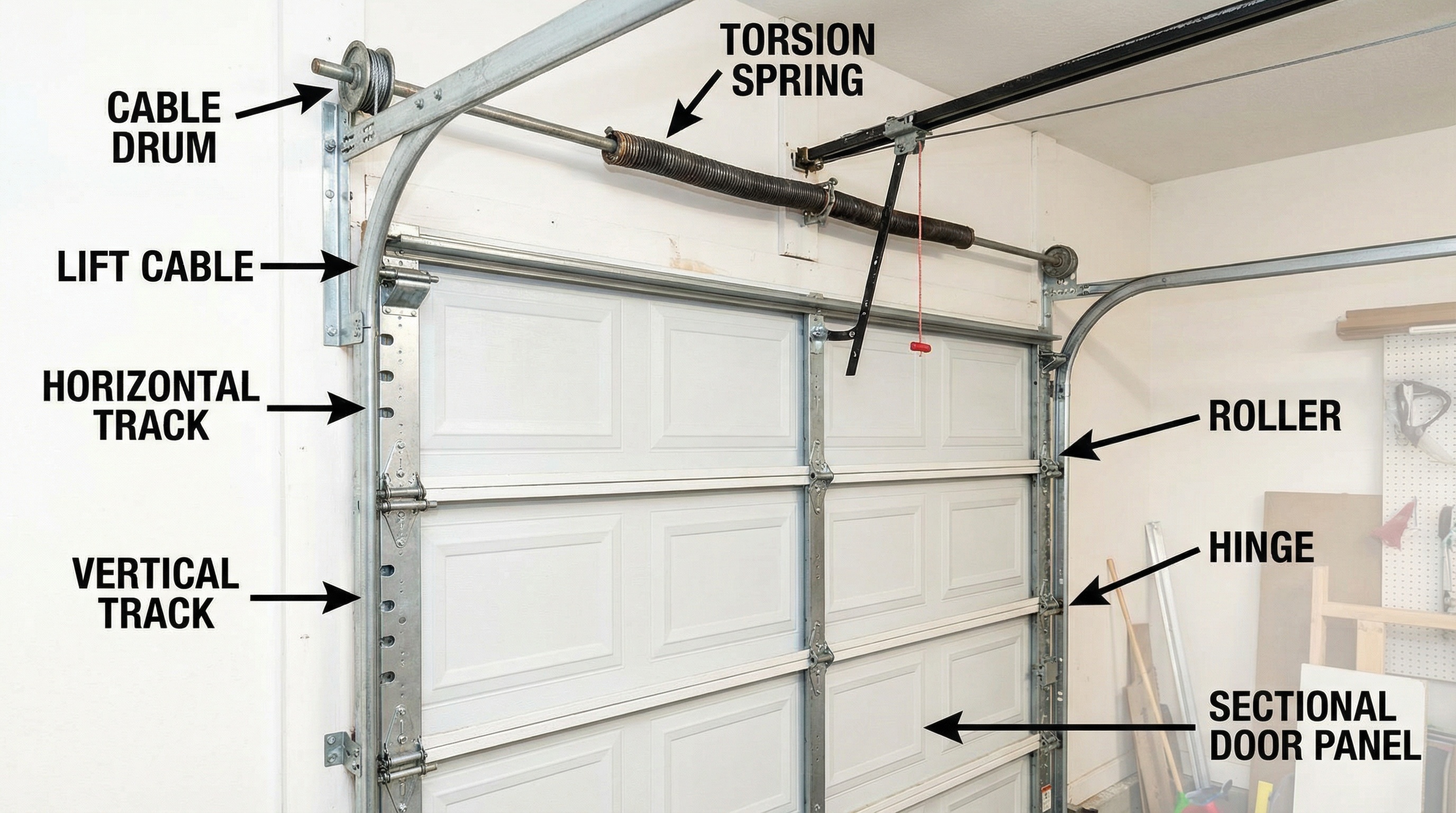 Diagram showing garage door components including springs, tracks, cables, and sensors