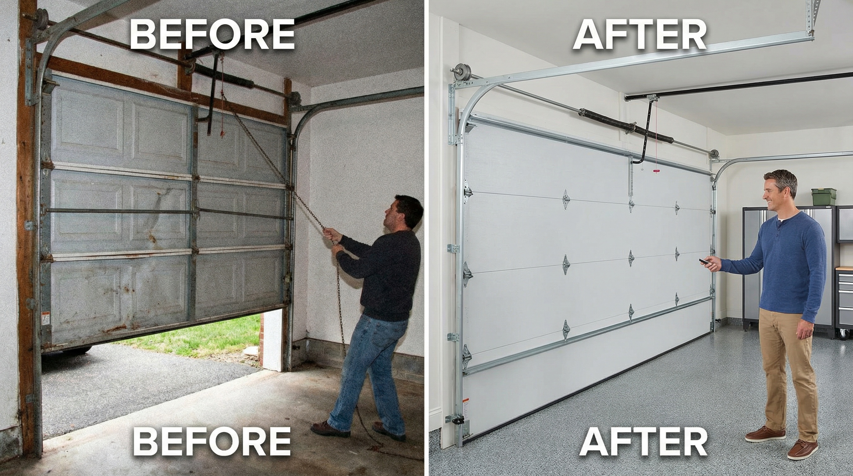 Before and after comparison showing smooth garage door operation versus problematic movement