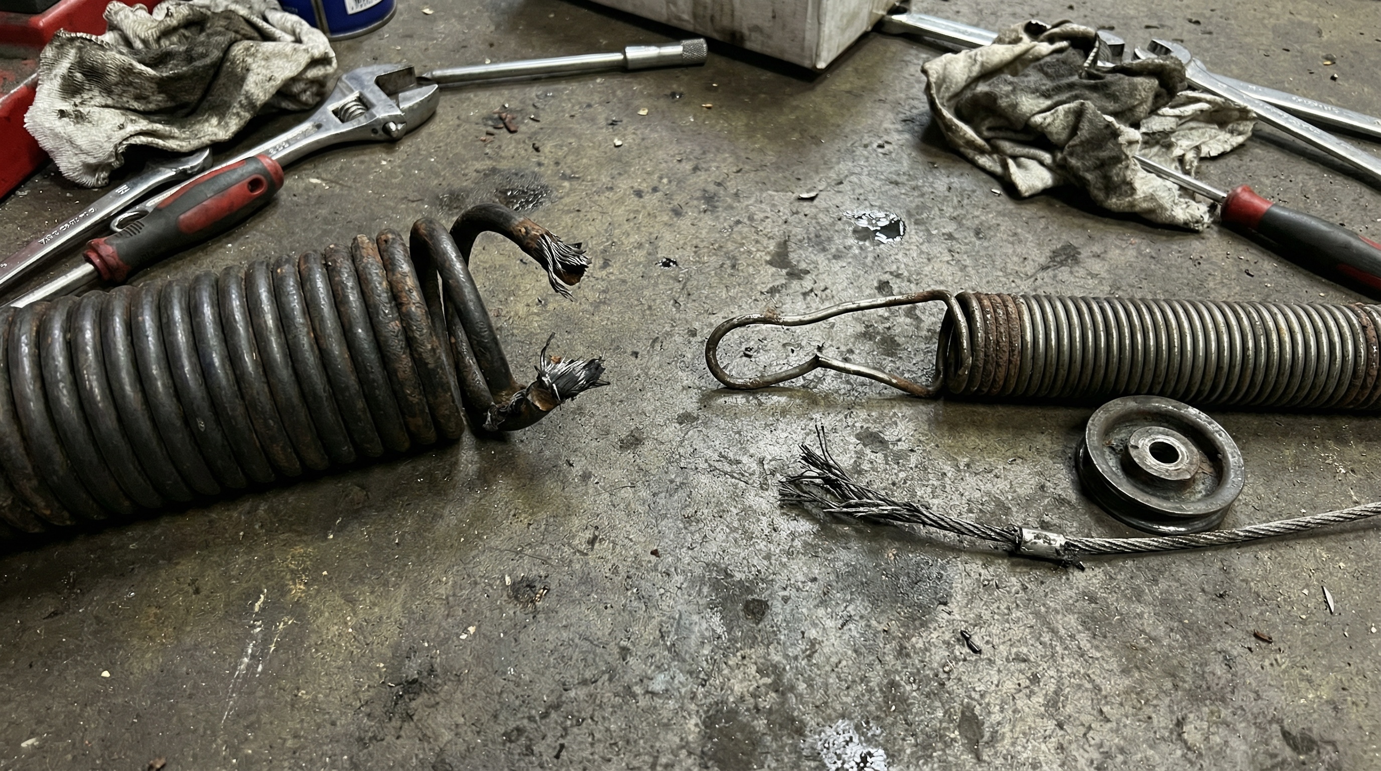 Close-up of broken garage door spring showing the dangerous tension and potential for injury
