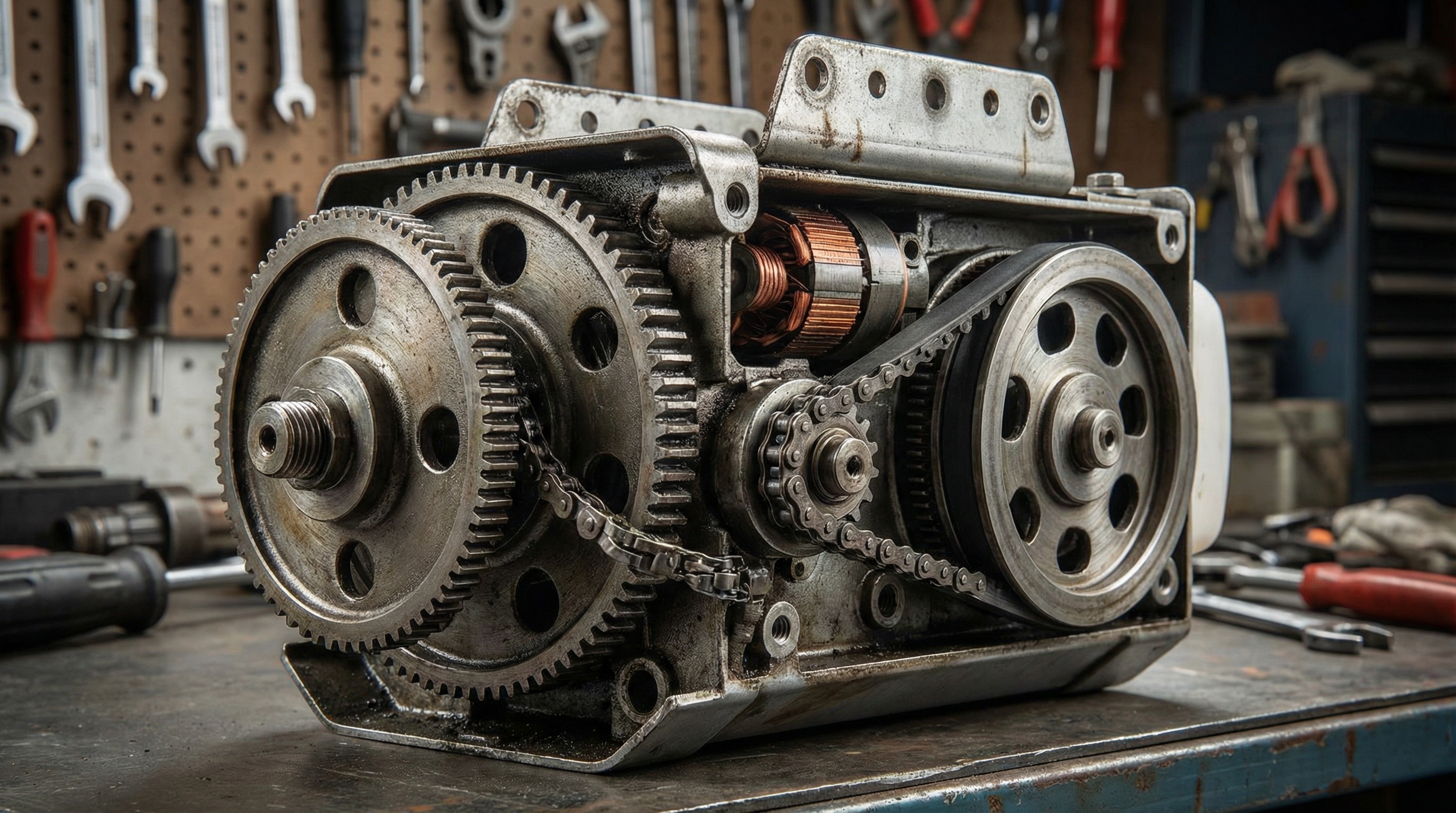 Garage door opener motor showing gears, chain, and belt components