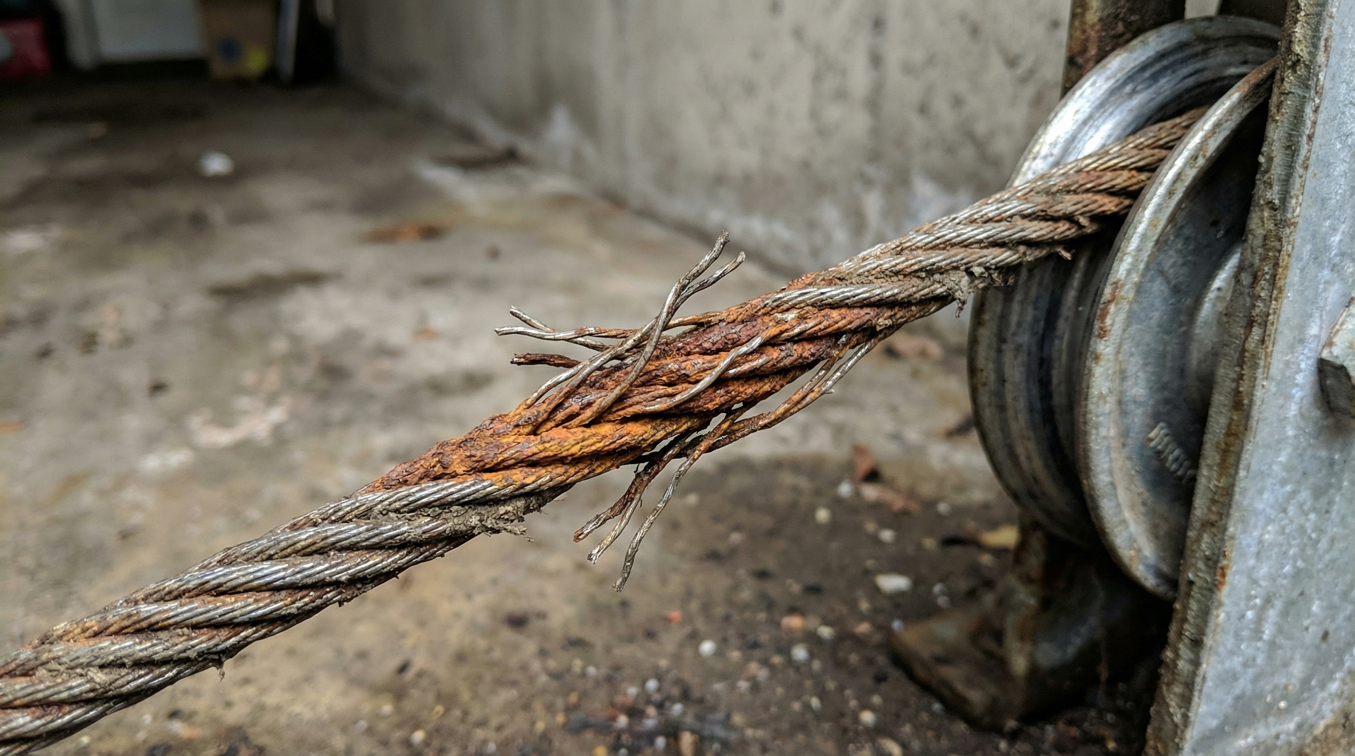 Frayed Garage Door Cable Close Up